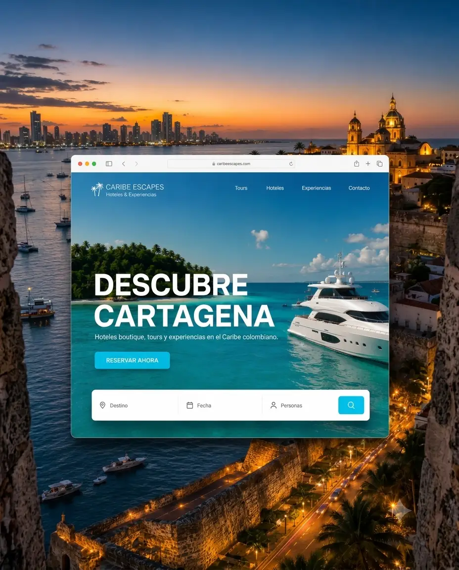 Centro amurallado de Cartagena al atardecer, mercado turístico para diseño web de hoteles y negocios bilingües