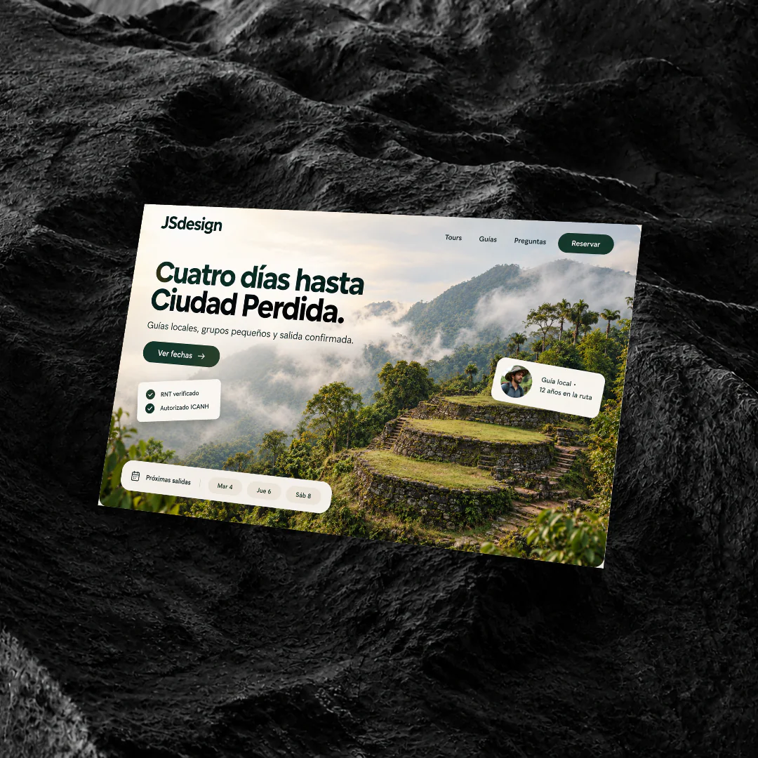 Página web de un operador de tours a Ciudad Perdida, con fechas de salida, permisos y guía local