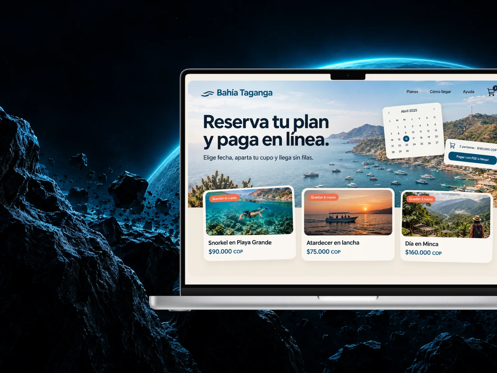 Tienda online de planes turísticos en Taganga con calendario de fechas y cupos disponibles en cada plan