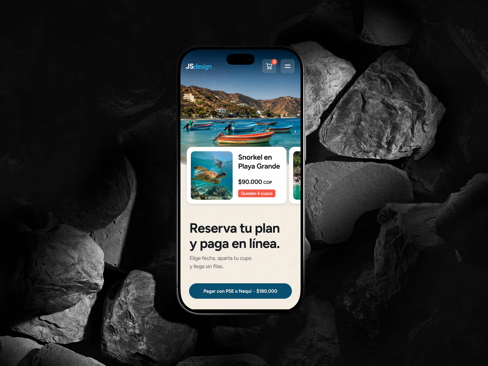 Versión para celular de una tienda de planes en Taganga, con un plan de snorkel y pago con PSE o Nequi