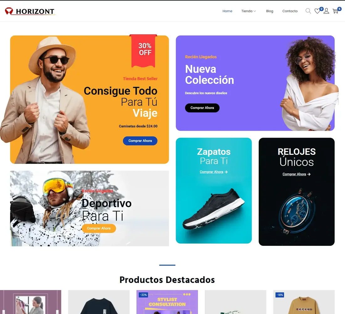 Portada del concepto Horizont Store: tienda de moda minimalista con galería de productos y checkout optimizado.