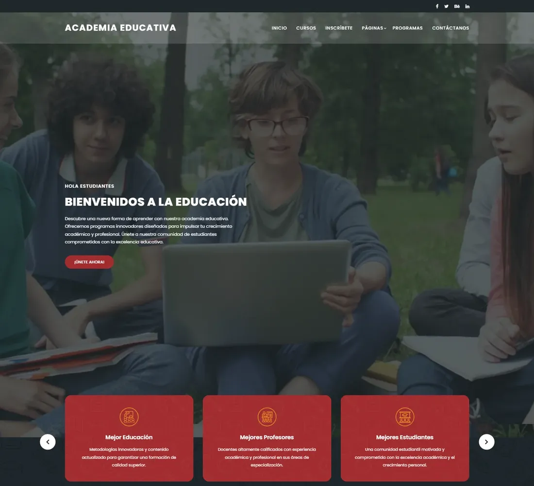 Portada del concepto Academia Digital: plataforma educativa con catálogo de cursos y registro de estudiantes.