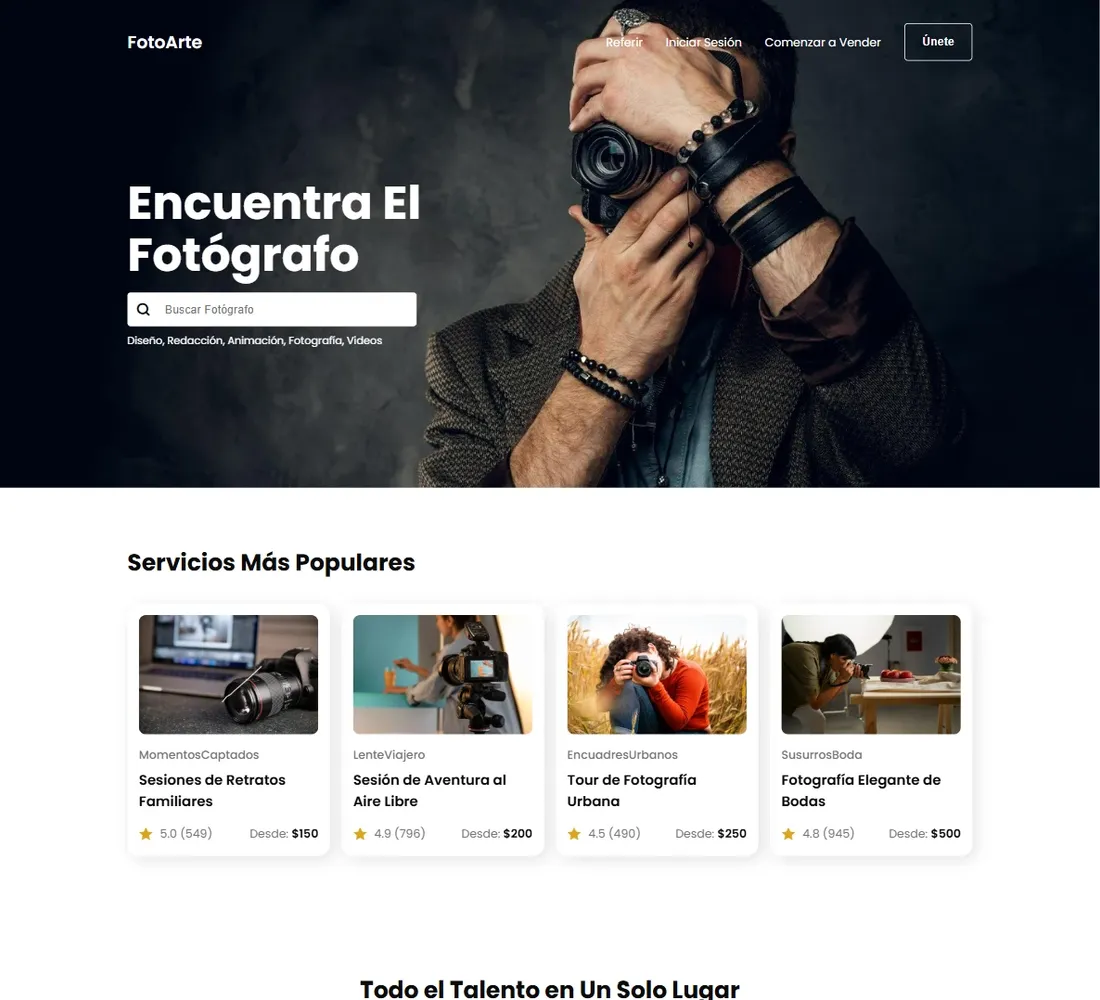 Portada del concepto Photo Portfolio: portafolio fotográfico con galería y categorías por proyecto.