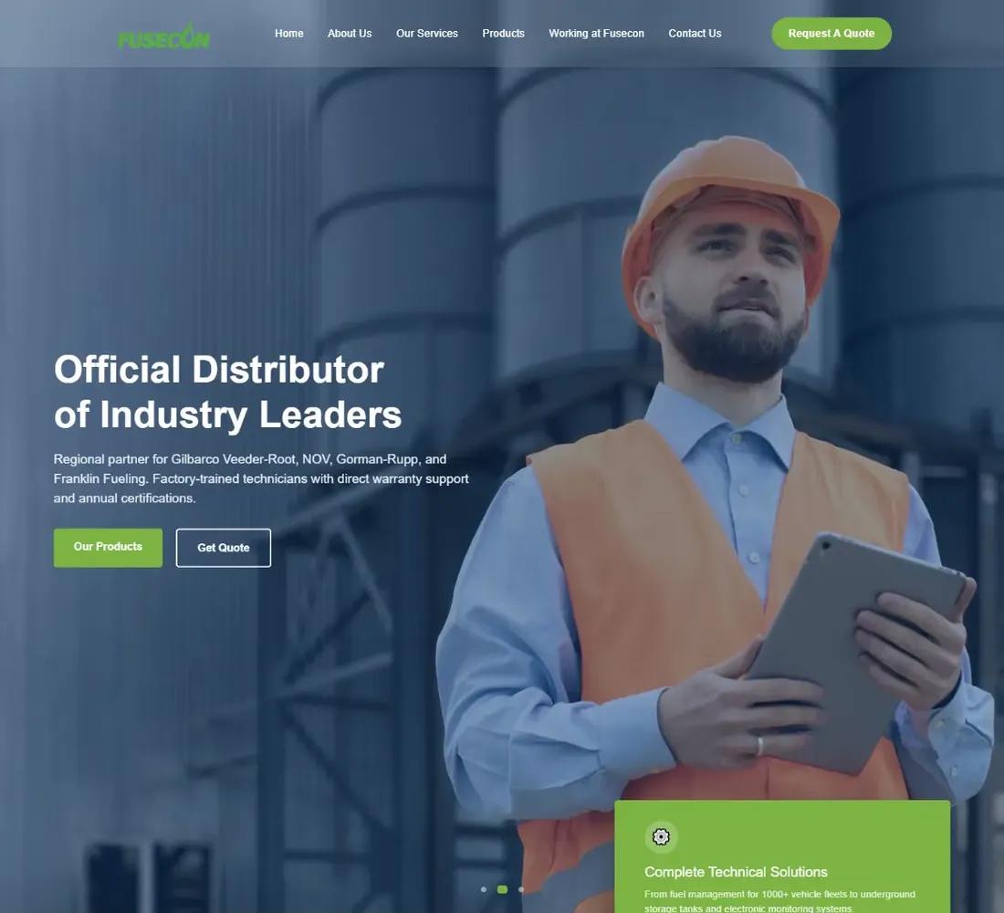 Portada del sitio web de Fusecon, proveedor industrial de petróleo y minería