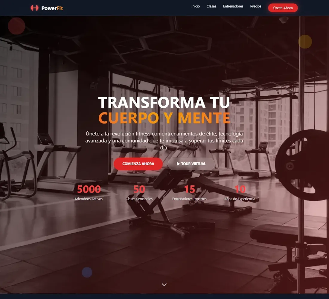 Portada del concepto Gym Fitness Center: sitio de gimnasio con planes de membresía y horarios de clases.