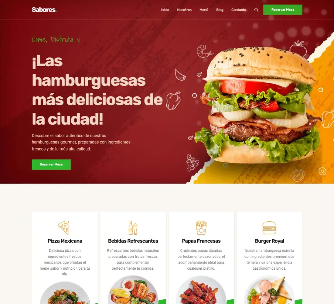 Portada del concepto Burger Express: sitio de restaurante con menú interactivo y pedidos online.