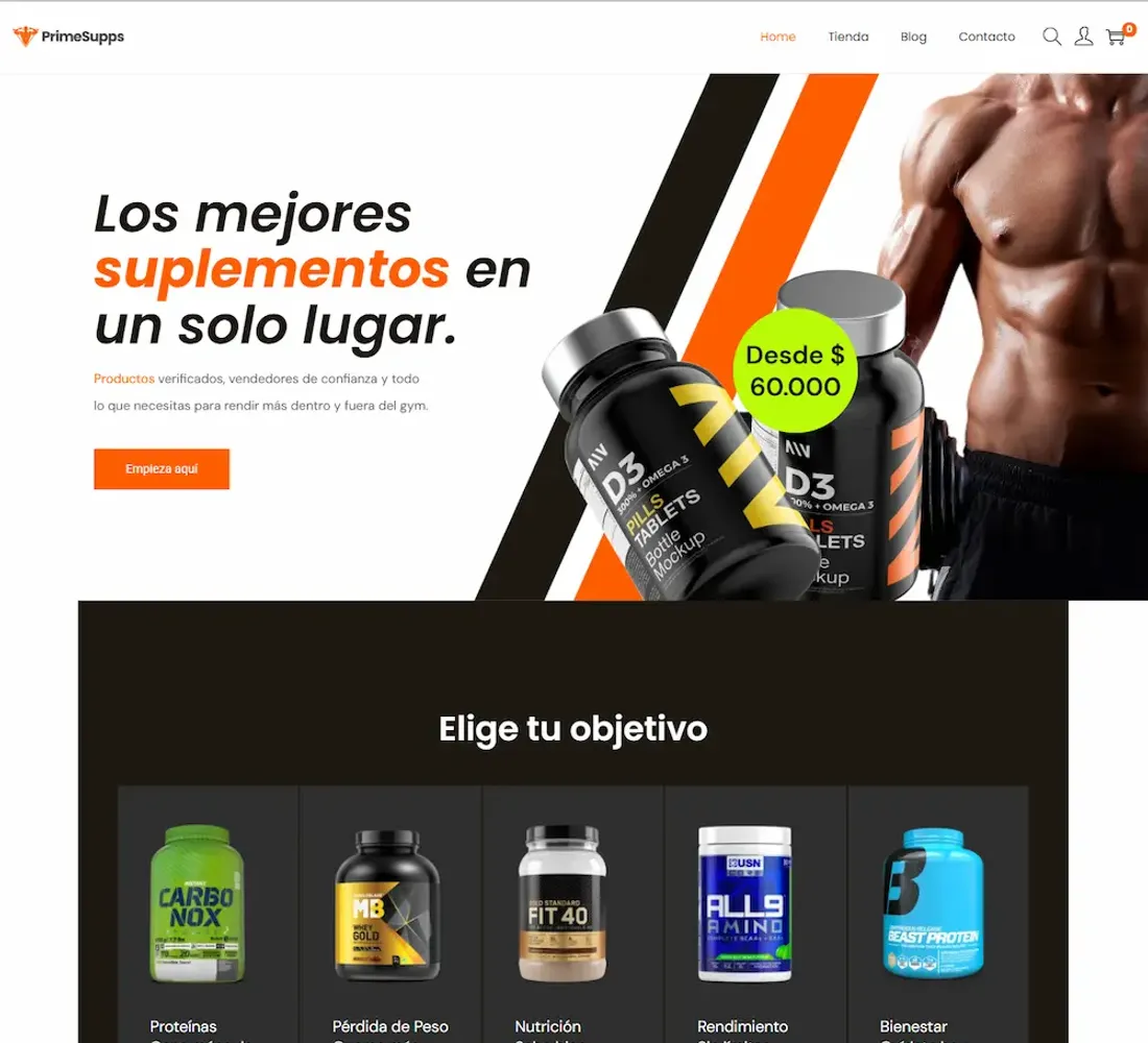 Portada del concepto PrimeSupps: tienda de suplementos deportivos con carrito y filtros por categoría.