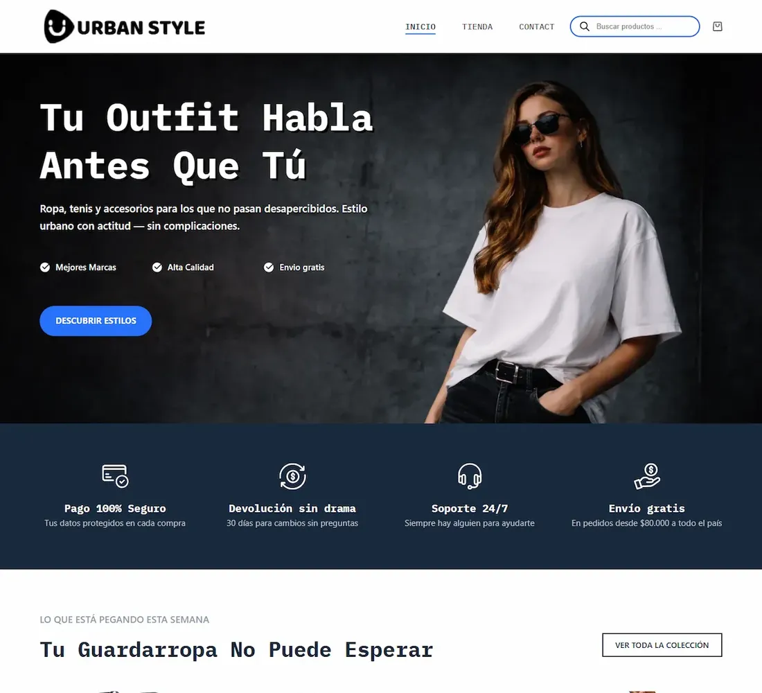 Portada del concepto Urban Style: tienda de moda urbana con catálogo dinámico y lista de deseos.