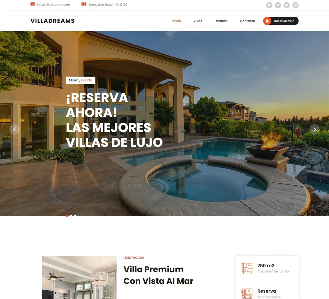 Portada del concepto Villa Dreams: sitio de hospedaje con reservas y galería de villas.
