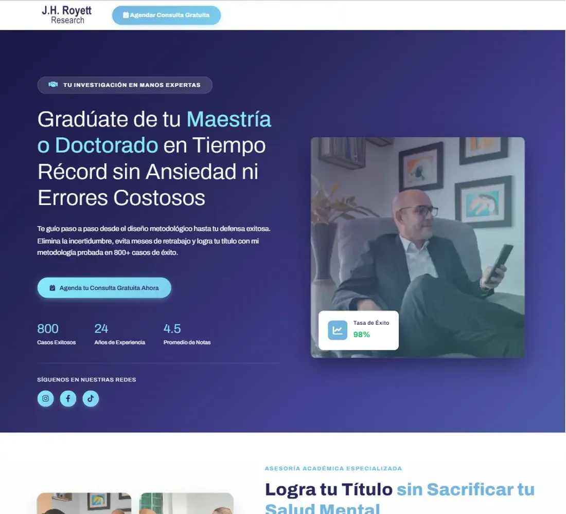 Portada del sitio web de J.H. Royett Research, asesoría de tesis de maestría y doctorado